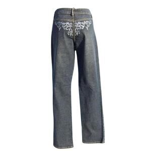 Cache Embroidery Rhinestone Embellished Dark Jean Straight Pant Stretch NWT $128